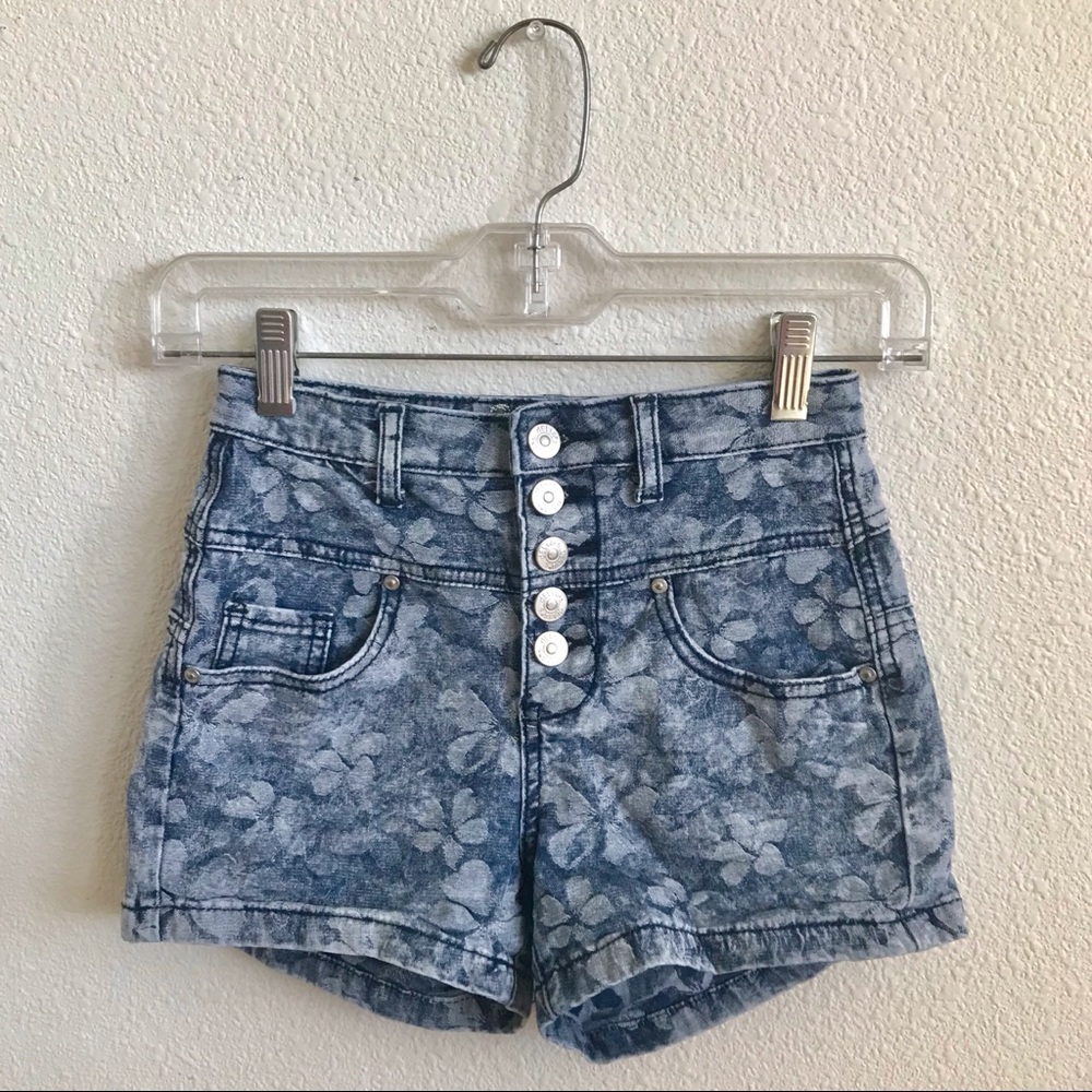Blue Floral Print Button Up Shorts